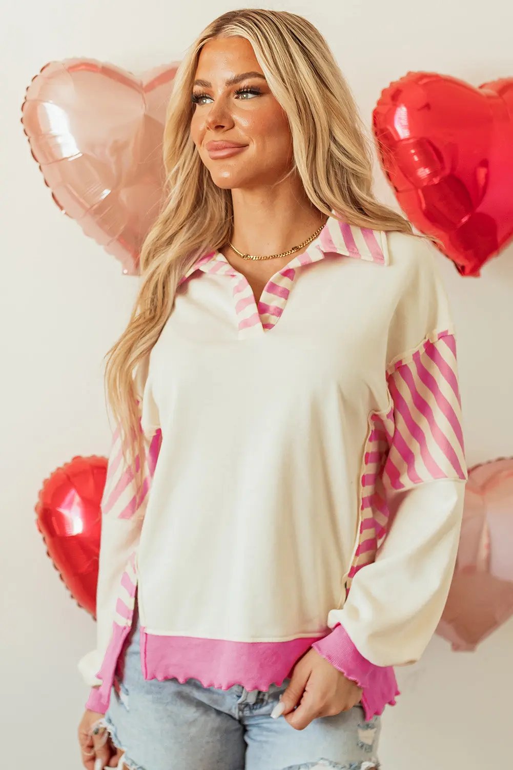 Juliana Patchwork Terry Knit Pullover Top with Collared Neckline - Love Salve